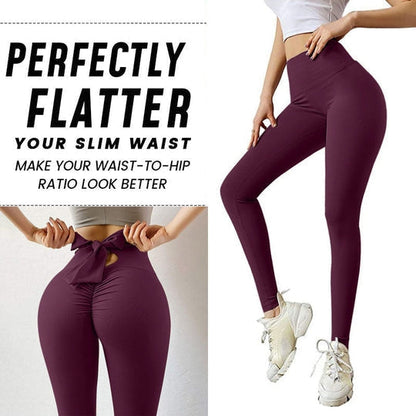 Bow Solid Color Fitness Sports Leggings Womens High Waist Slim Peach Hip Elastic Yoga Pants